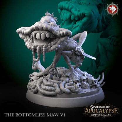 Render of the crouching Bottomless Maw creature holding a knife over a mound of bones and skulls.