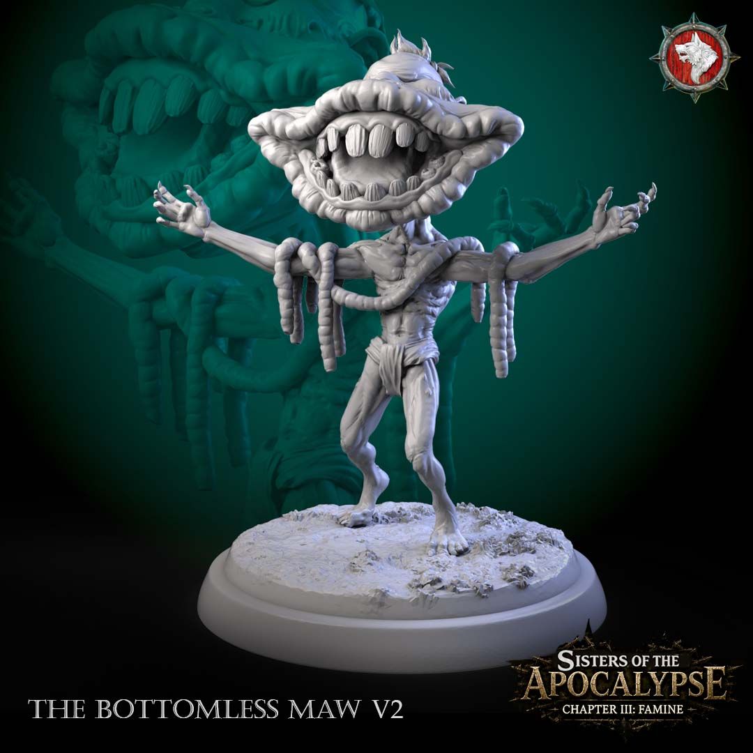 Render of the standing Bottomless Maw creature with arms outstretched and worm-draped limbs on a scenic base.
