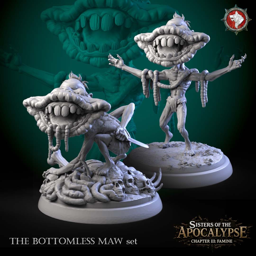 The Bottomless Maw set: two gaunt maw-headed Famine creatures, 3D printed resin miniatures by White Werewolf Tavern.