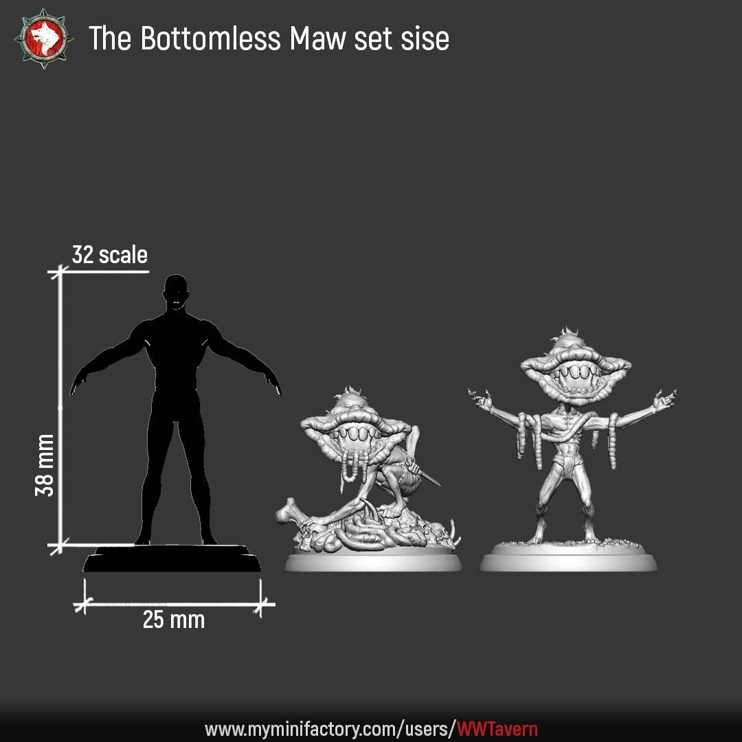The Bottomless Maw size chart: both models at 32mm scale beside a 32mm human reference on a 25mm base.