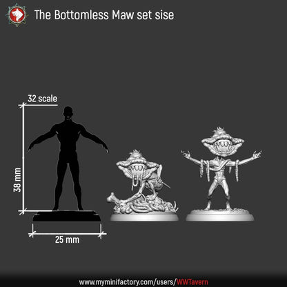 The Bottomless Maw size chart: both models at 32mm scale beside a 32mm human reference on a 25mm base.