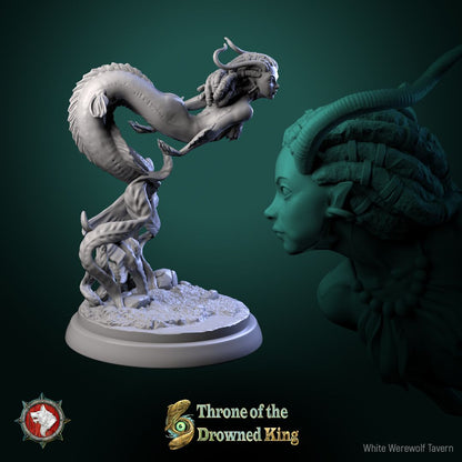 Render of The Brackwater Siren | 32-75mm Eel Siren Miniature: Horned dreadlocked siren with eel tail coiled over tentacles, from White Werewolf's Throne of the Drowned King. 32-75mm 3D printed resin miniature.