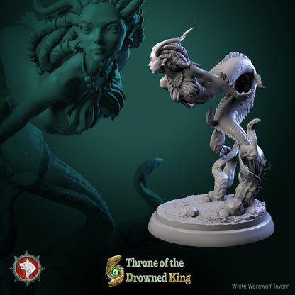 Render of The Brackwater Siren | 32-75mm Eel Siren Miniature: Horned dreadlocked siren with eel tail coiled over tentacles, from White Werewolf's Throne of the Drowned King. 32-75mm 3D printed resin miniature.