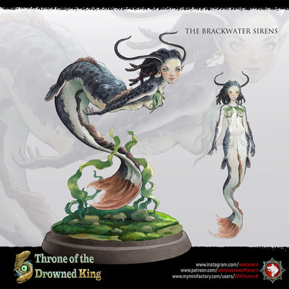 Render of The Brackwater Siren | 32-75mm Eel Siren Miniature: Horned dreadlocked siren with eel tail coiled over tentacles, from White Werewolf's Throne of the Drowned King. 32-75mm 3D printed resin miniature.
