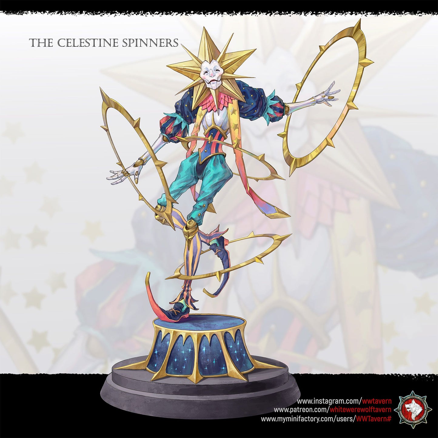 Render of The Celestine Spinners | 32mm Celestial Jester Miniatures: Six moon, sun, and star masked jesters spinning barbed hoops, from White Werewolf's The Marvel Hour dark carnival. 32mm resin, single or full set.