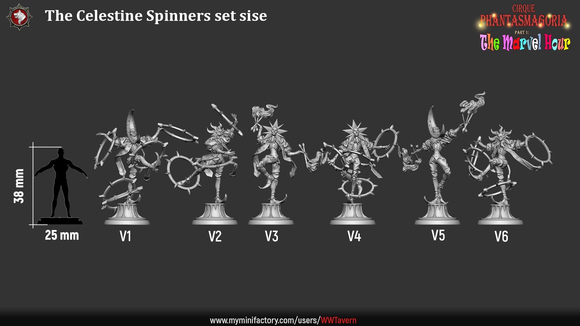 Render of The Celestine Spinners | 32mm Celestial Jester Miniatures: Six moon, sun, and star masked jesters spinning barbed hoops, from White Werewolf's The Marvel Hour dark carnival. 32mm resin, single or full set.