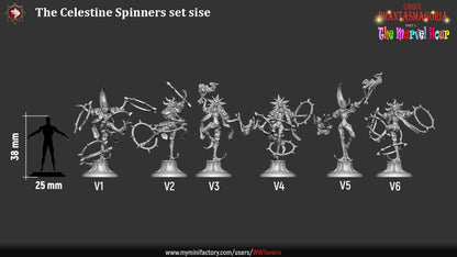 Render of The Celestine Spinners | 32mm Celestial Jester Miniatures: Six moon, sun, and star masked jesters spinning barbed hoops, from White Werewolf's The Marvel Hour dark carnival. 32mm resin, single or full set.