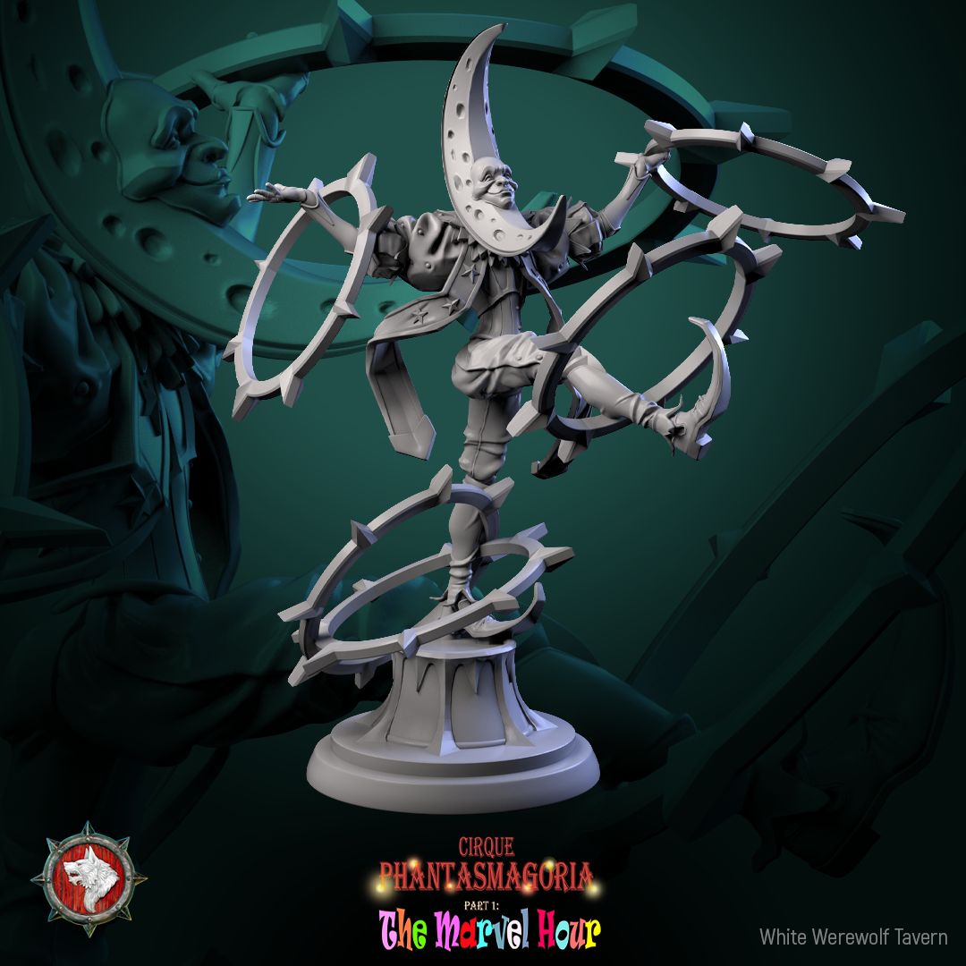 Render of The Celestine Spinners | 32mm Celestial Jester Miniatures: Six moon, sun, and star masked jesters spinning barbed hoops, from White Werewolf's The Marvel Hour dark carnival. 32mm resin, single or full set.