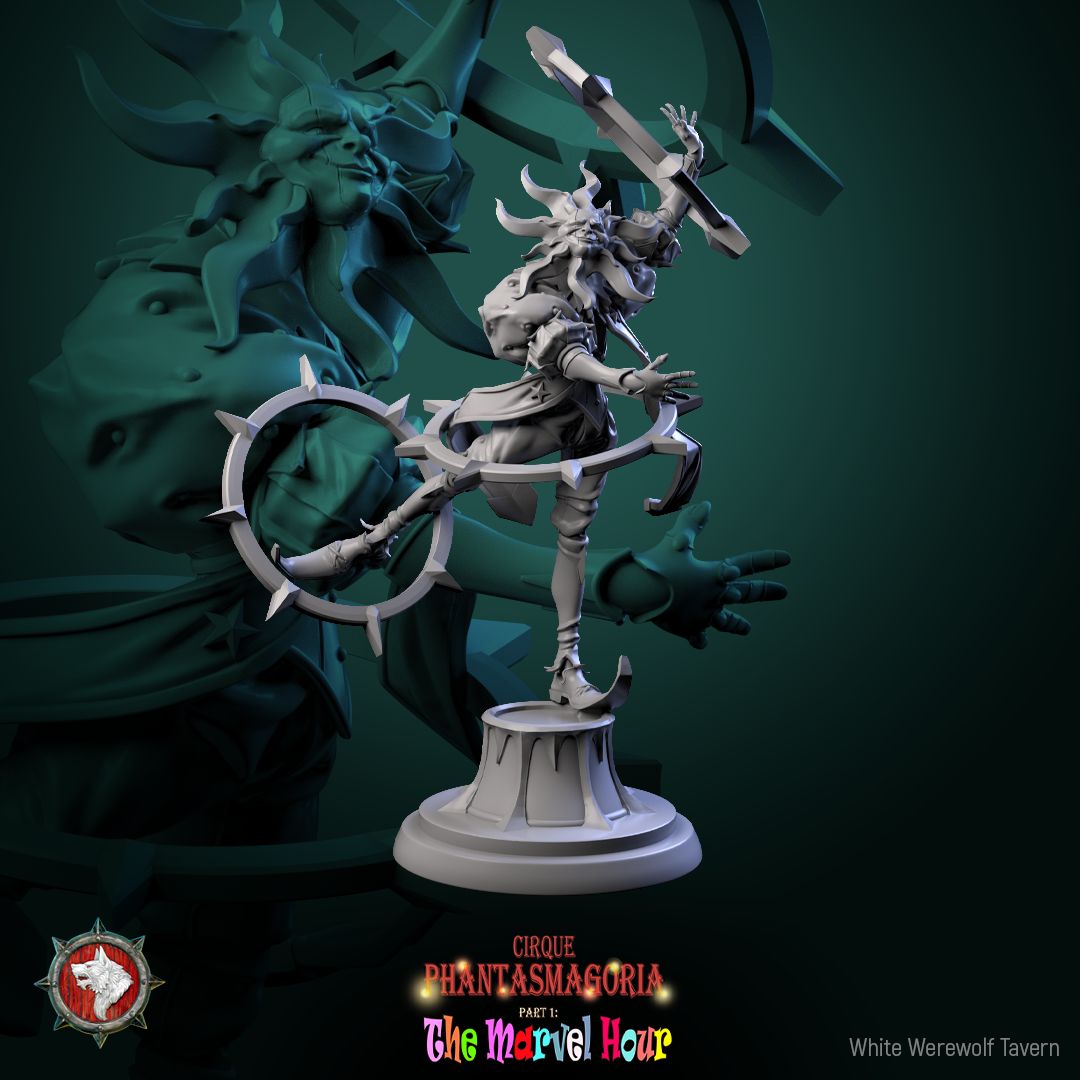 Render of The Celestine Spinners | 32mm Celestial Jester Miniatures: Six moon, sun, and star masked jesters spinning barbed hoops, from White Werewolf's The Marvel Hour dark carnival. 32mm resin, single or full set.