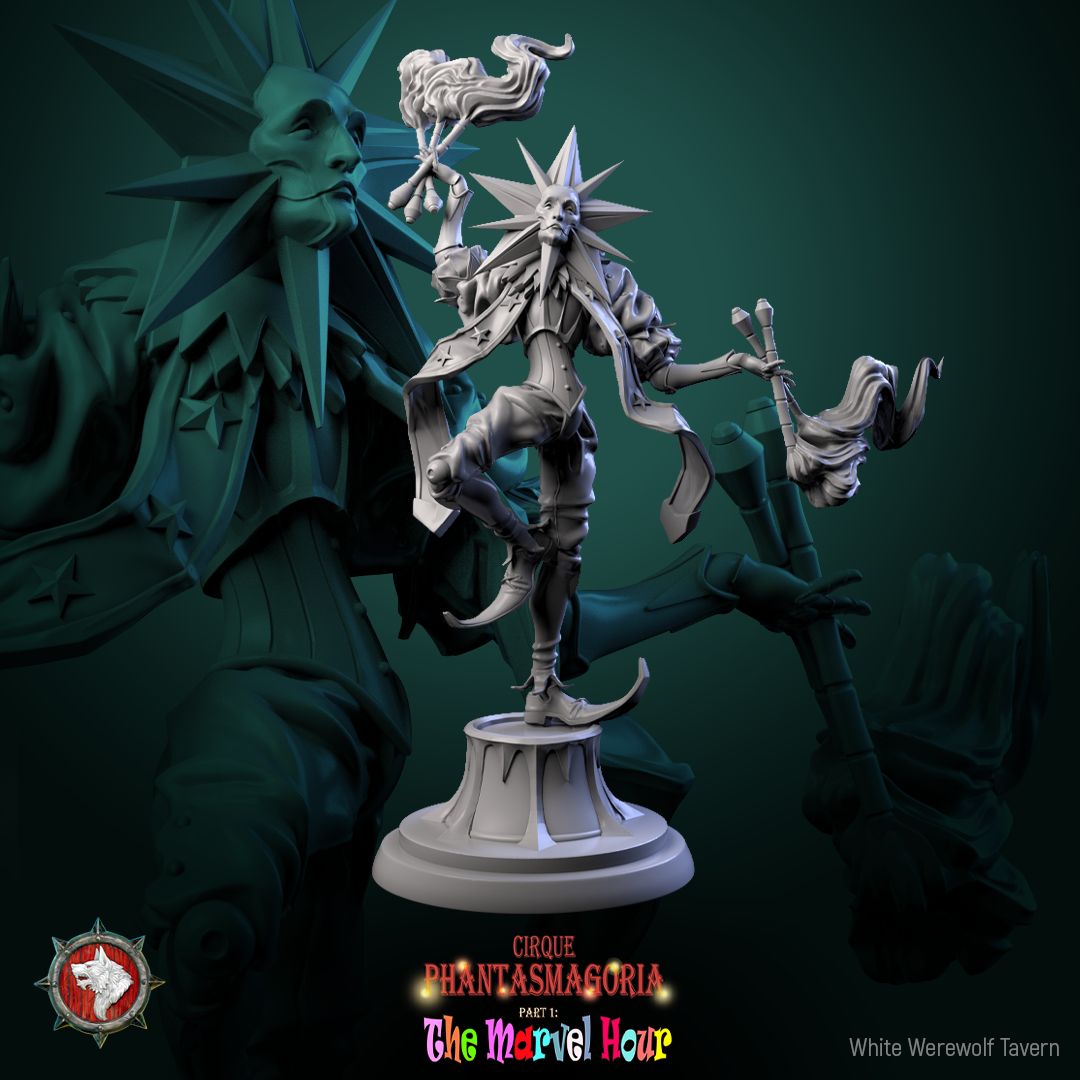 Render of The Celestine Spinners | 32mm Celestial Jester Miniatures: Six moon, sun, and star masked jesters spinning barbed hoops, from White Werewolf's The Marvel Hour dark carnival. 32mm resin, single or full set.