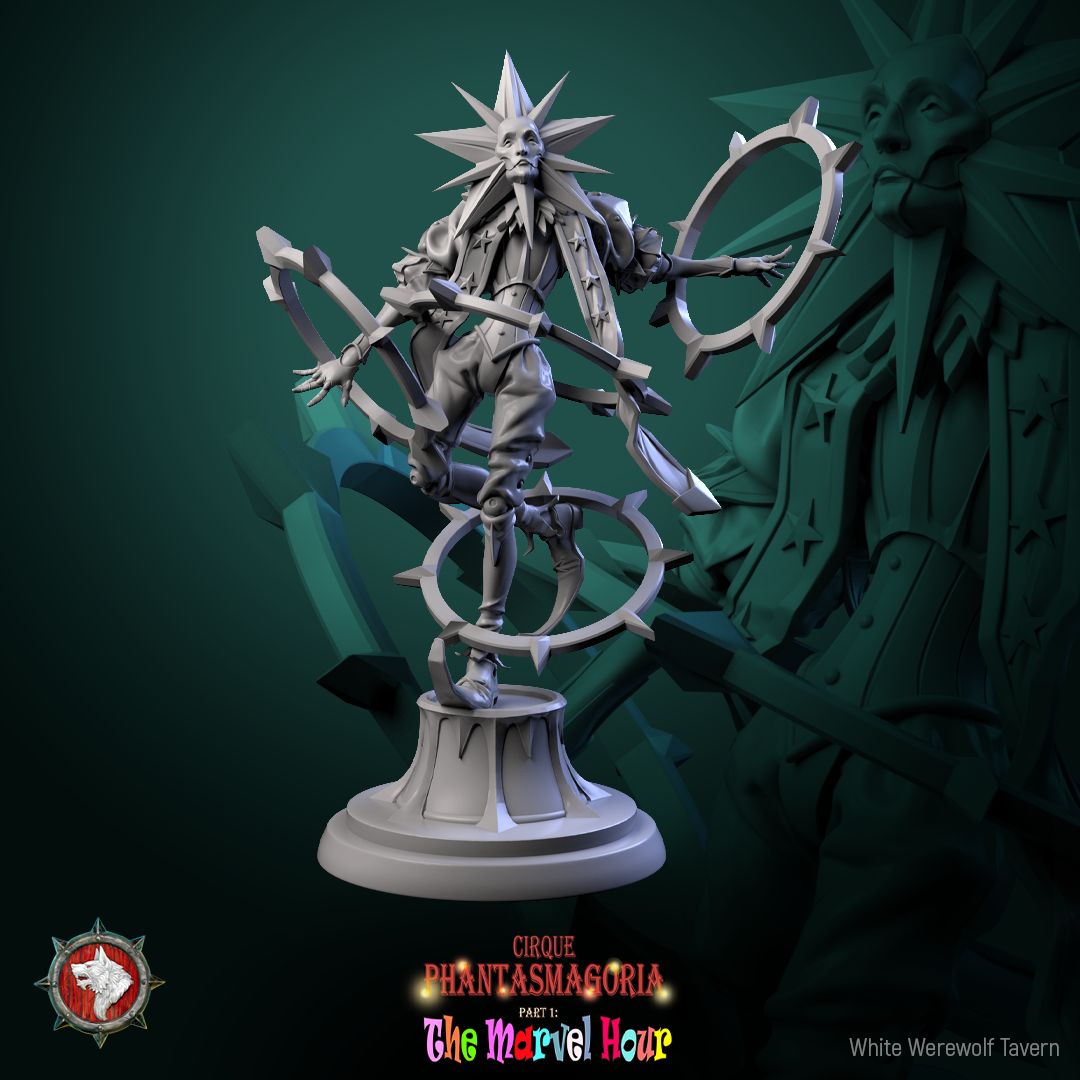 Render of The Celestine Spinners | 32mm Celestial Jester Miniatures: Six moon, sun, and star masked jesters spinning barbed hoops, from White Werewolf's The Marvel Hour dark carnival. 32mm resin, single or full set.
