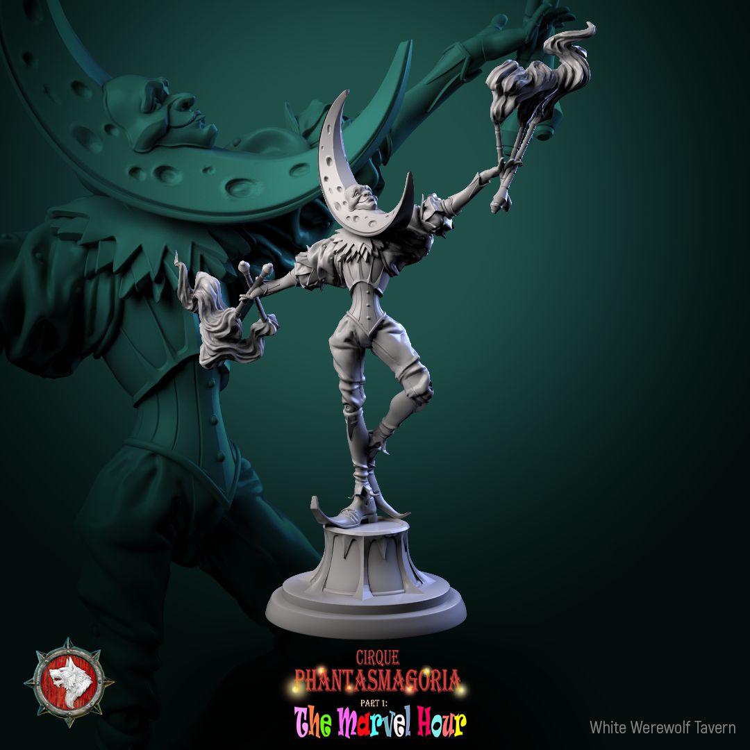 Render of The Celestine Spinners | 32mm Celestial Jester Miniatures: Six moon, sun, and star masked jesters spinning barbed hoops, from White Werewolf's The Marvel Hour dark carnival. 32mm resin, single or full set.