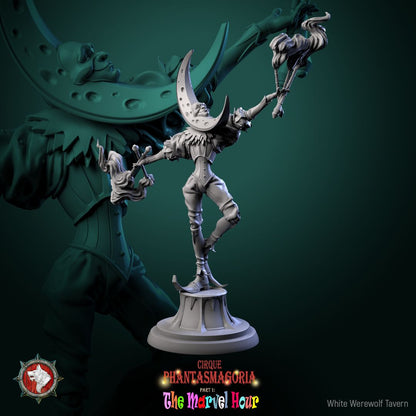 Render of The Celestine Spinners | 32mm Celestial Jester Miniatures: Six moon, sun, and star masked jesters spinning barbed hoops, from White Werewolf's The Marvel Hour dark carnival. 32mm resin, single or full set.