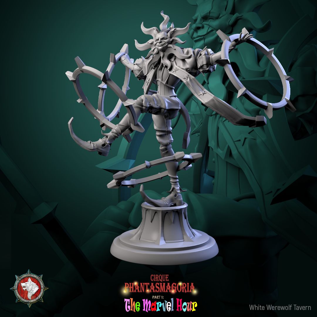 Render of The Celestine Spinners | 32mm Celestial Jester Miniatures: Six moon, sun, and star masked jesters spinning barbed hoops, from White Werewolf's The Marvel Hour dark carnival. 32mm resin, single or full set.