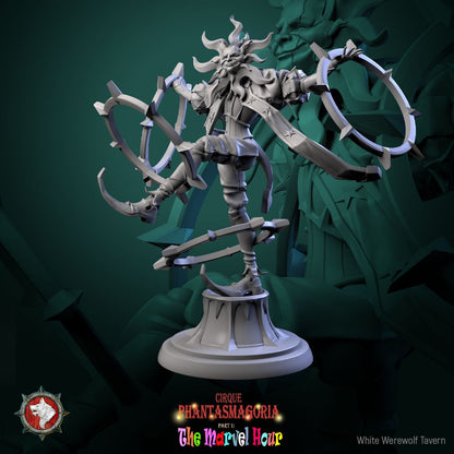 Render of The Celestine Spinners | 32mm Celestial Jester Miniatures: Six moon, sun, and star masked jesters spinning barbed hoops, from White Werewolf's The Marvel Hour dark carnival. 32mm resin, single or full set.