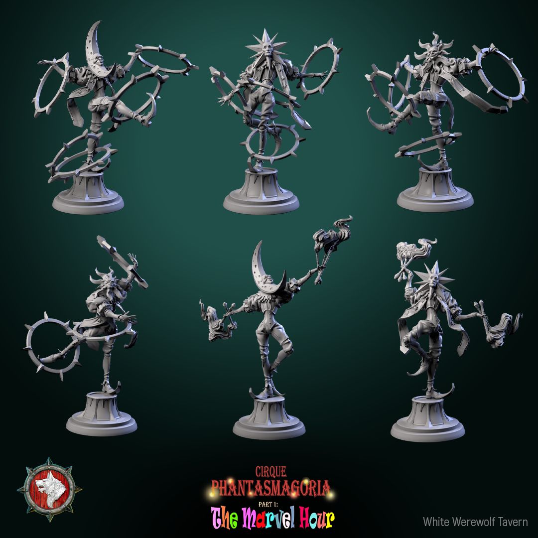 Render of The Celestine Spinners | 32mm Celestial Jester Miniatures: Six moon, sun, and star masked jesters spinning barbed hoops, from White Werewolf's The Marvel Hour dark carnival. 32mm resin, single or full set.