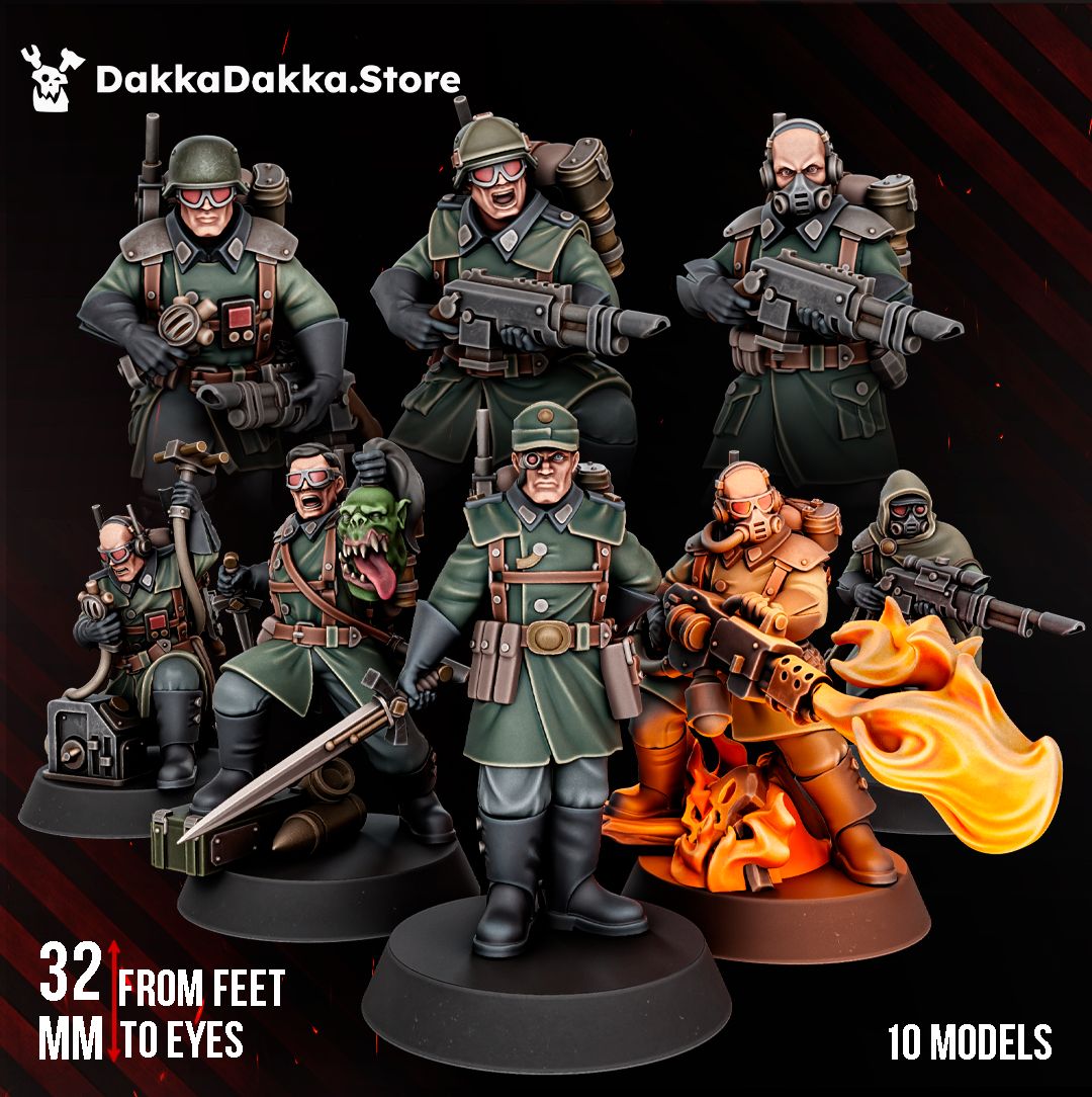 The Doomsday Infantry Squad, ten grimdark trench guardsmen in greatcoats and gas masks, 32mm resin miniatures by Dakka Dakka Store