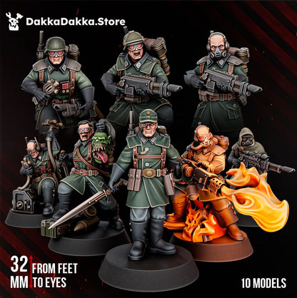 The Doomsday Infantry Squad, ten grimdark trench guardsmen in greatcoats and gas masks, 32mm resin miniatures by Dakka Dakka Store