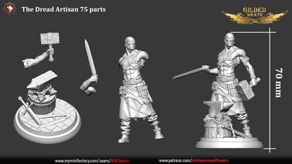 Render of The Dread Artisan | 32-75mm Blind Smith Miniature: Slab-helmed blind smith with stone maul and short blade on an anvil round, from White Werewolf's Gilded Wrath. 32-75mm 3D printed resin miniature.