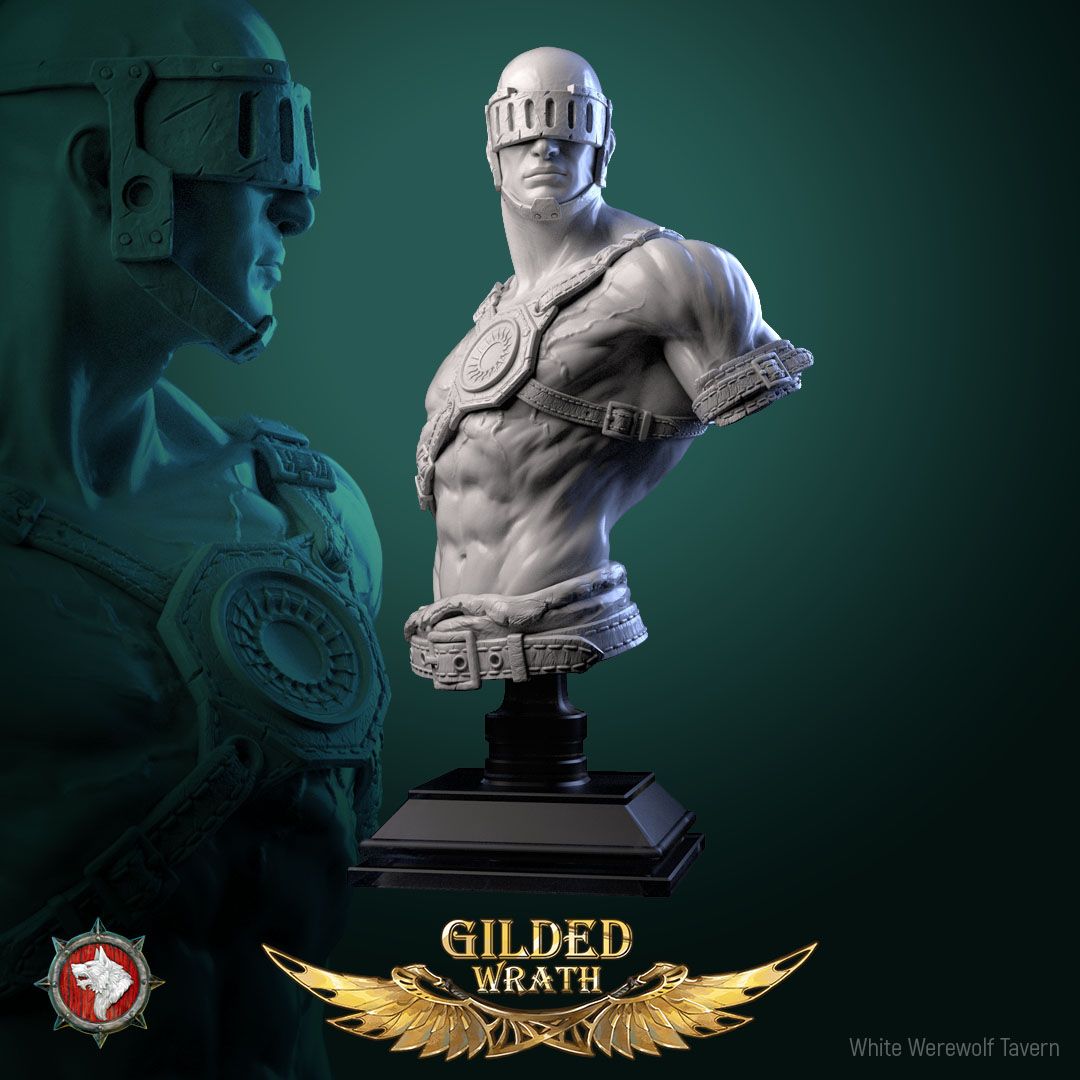 Render of The Dread Artisan Bust | Blind Smith Collector Bust: Slab-helmed blind smith bust with sun-disc harness, from White Werewolf's Gilded Wrath. 3D printed resin collector bust with stand.
