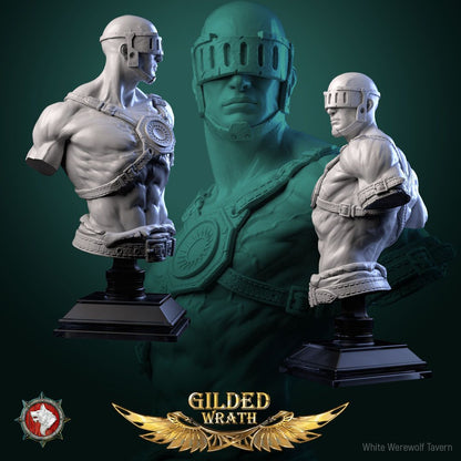 Render of The Dread Artisan Bust | Blind Smith Collector Bust: Slab-helmed blind smith bust with sun-disc harness, from White Werewolf's Gilded Wrath. 3D printed resin collector bust with stand.