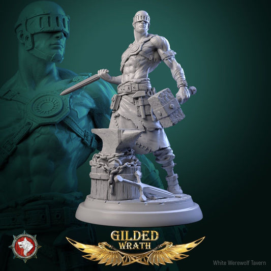 Render of The Dread Artisan | 32-75mm Blind Smith Miniature: Slab-helmed blind smith with stone maul and short blade on an anvil round, from White Werewolf's Gilded Wrath. 32-75mm 3D printed resin miniature.