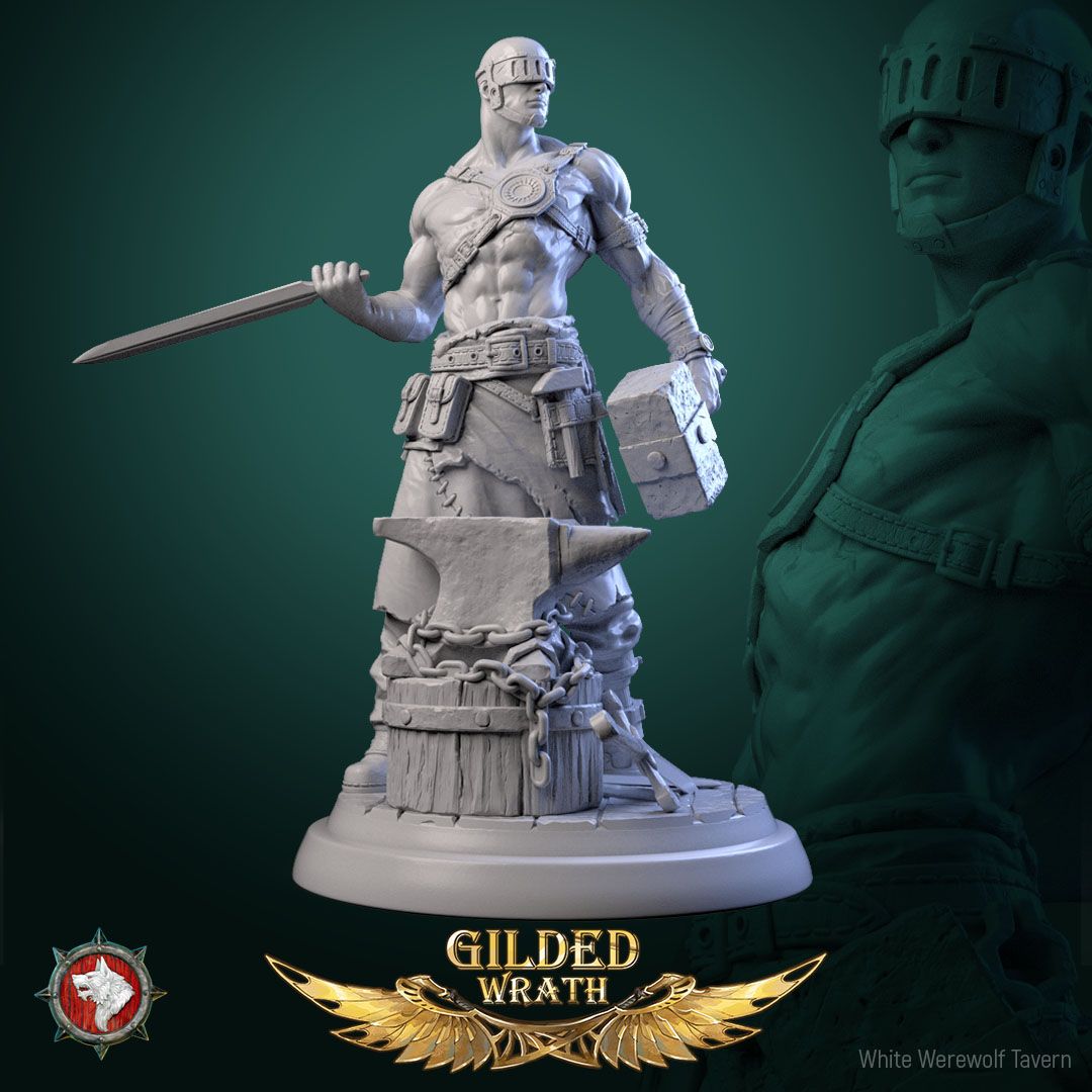 Render of The Dread Artisan | 32-75mm Blind Smith Miniature: Slab-helmed blind smith with stone maul and short blade on an anvil round, from White Werewolf's Gilded Wrath. 32-75mm 3D printed resin miniature.