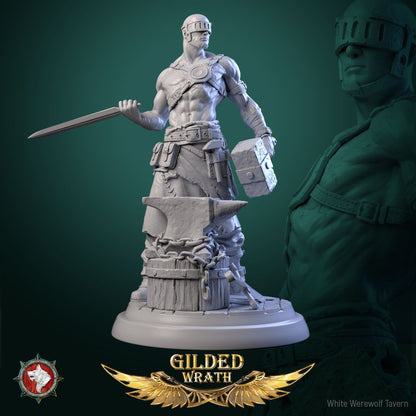 Render of The Dread Artisan | 32-75mm Blind Smith Miniature: Slab-helmed blind smith with stone maul and short blade on an anvil round, from White Werewolf's Gilded Wrath. 32-75mm 3D printed resin miniature.
