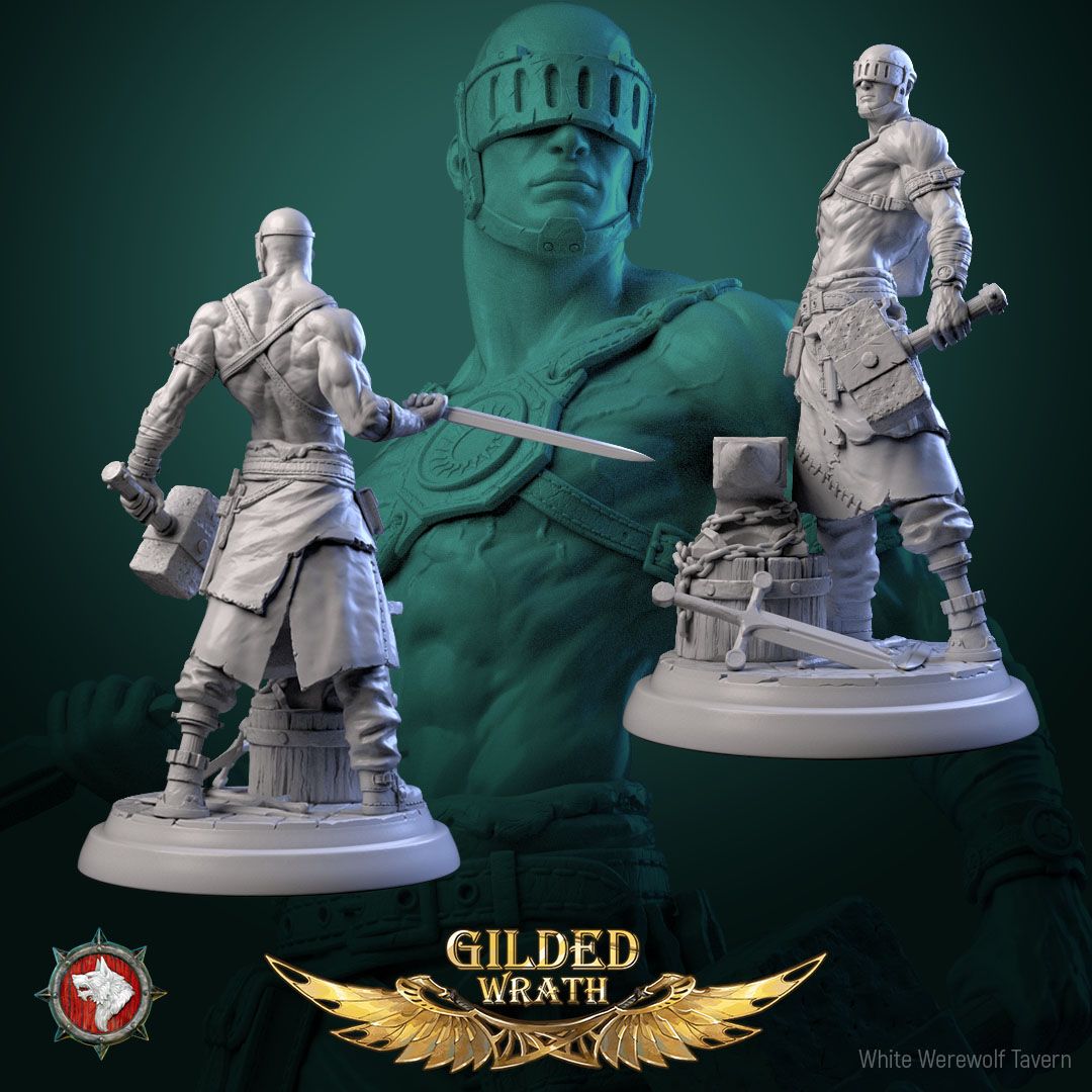Render of The Dread Artisan | 32-75mm Blind Smith Miniature: Slab-helmed blind smith with stone maul and short blade on an anvil round, from White Werewolf's Gilded Wrath. 32-75mm 3D printed resin miniature.