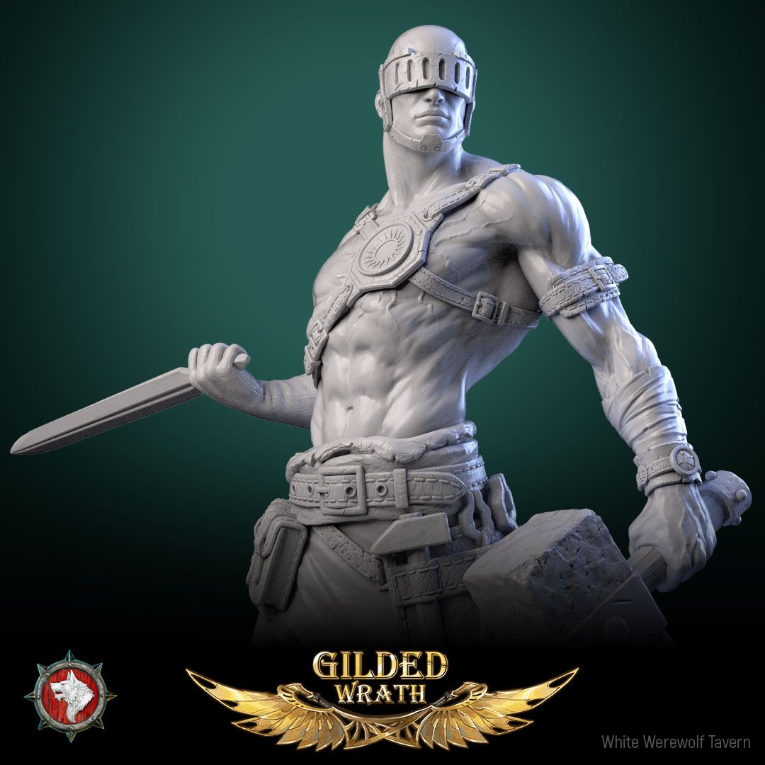 Render of The Dread Artisan | 32-75mm Blind Smith Miniature: Slab-helmed blind smith with stone maul and short blade on an anvil round, from White Werewolf's Gilded Wrath. 32-75mm 3D printed resin miniature.