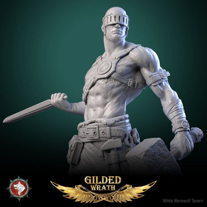 Render of The Dread Artisan | 32-75mm Blind Smith Miniature: Slab-helmed blind smith with stone maul and short blade on an anvil round, from White Werewolf's Gilded Wrath. 32-75mm 3D printed resin miniature.