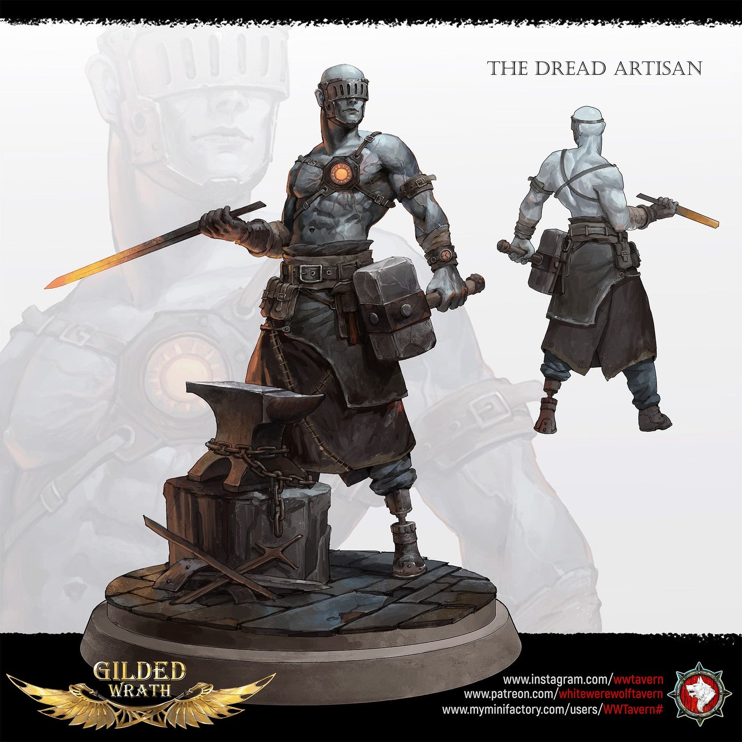 Render of The Dread Artisan Bust | Blind Smith Collector Bust: Slab-helmed blind smith bust with sun-disc harness, from White Werewolf's Gilded Wrath. 3D printed resin collector bust with stand.