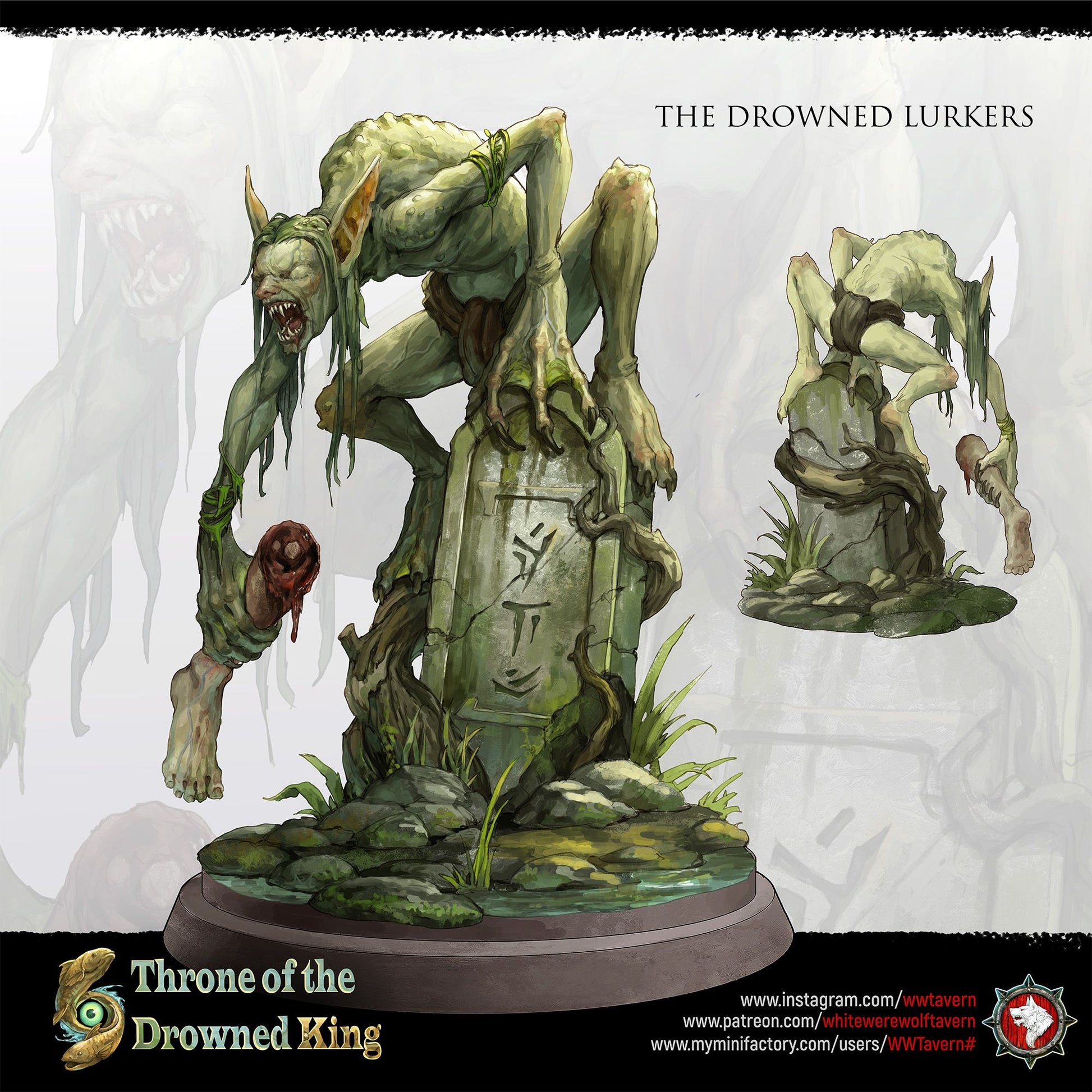 Render of The Drowned Lurkers | 32mm Swamp Ghoul Miniatures: Six pale drowned ghouls with bone shivs and driftwood clubs, from White Werewolf's Throne of the Drowned King. 32mm resin undead, single or set.