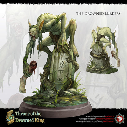 Render of The Drowned Lurkers | 32mm Swamp Ghoul Miniatures: Six pale drowned ghouls with bone shivs and driftwood clubs, from White Werewolf's Throne of the Drowned King. 32mm resin undead, single or set.