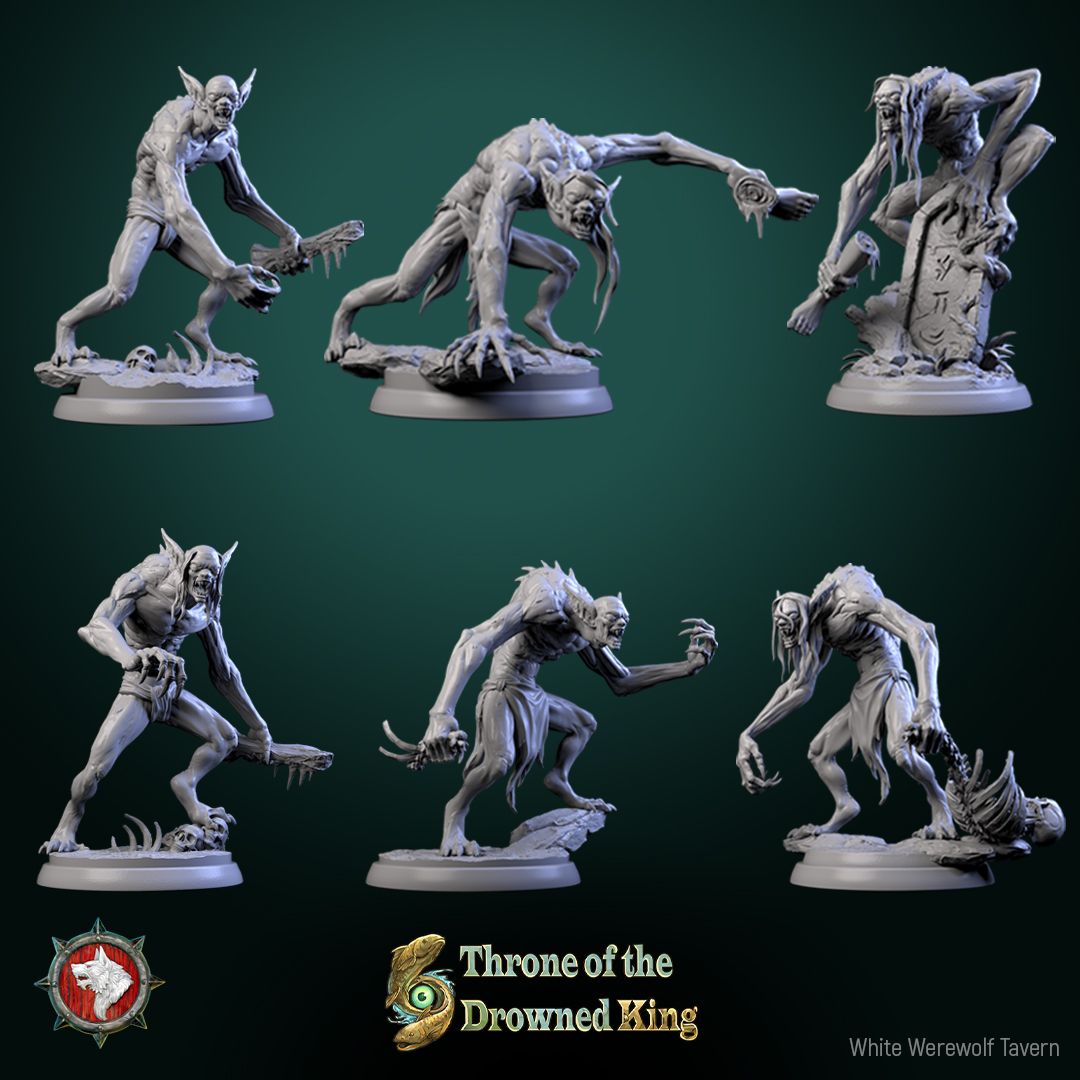 Render of The Drowned Lurkers | 32mm Swamp Ghoul Miniatures: Six pale drowned ghouls with bone shivs and driftwood clubs, from White Werewolf's Throne of the Drowned King. 32mm resin undead, single or set.