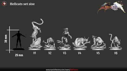 Render of Hellcats | 32mm Demon Cat Miniatures: Six skinless horned hellcats with serpent-head tails, from White Werewolf's Better the Devil You Know. 32mm 3D printed resin fiends, single or set.