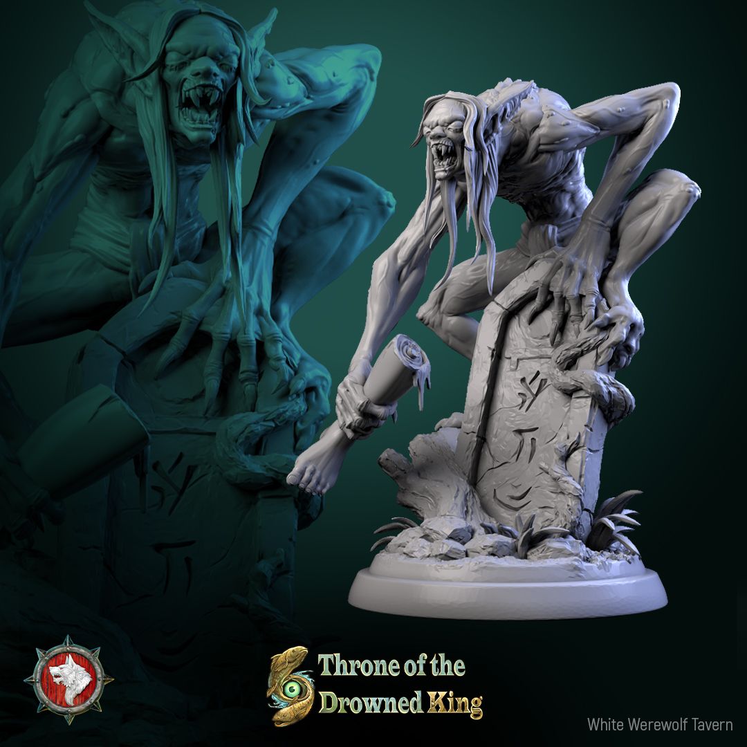 Render of The Drowned Lurkers | 32mm Swamp Ghoul Miniatures: Six pale drowned ghouls with bone shivs and driftwood clubs, from White Werewolf's Throne of the Drowned King. 32mm resin undead, single or set.
