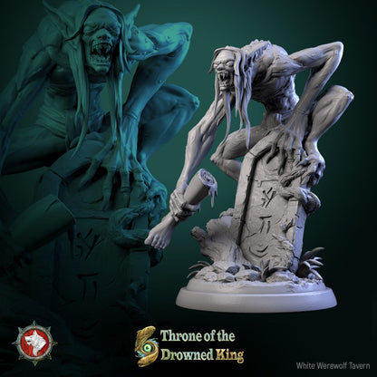Render of The Drowned Lurkers | 32mm Swamp Ghoul Miniatures: Six pale drowned ghouls with bone shivs and driftwood clubs, from White Werewolf's Throne of the Drowned King. 32mm resin undead, single or set.