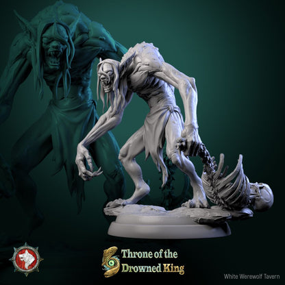 Render of The Drowned Lurkers | 32mm Swamp Ghoul Miniatures: Six pale drowned ghouls with bone shivs and driftwood clubs, from White Werewolf's Throne of the Drowned King. 32mm resin undead, single or set.