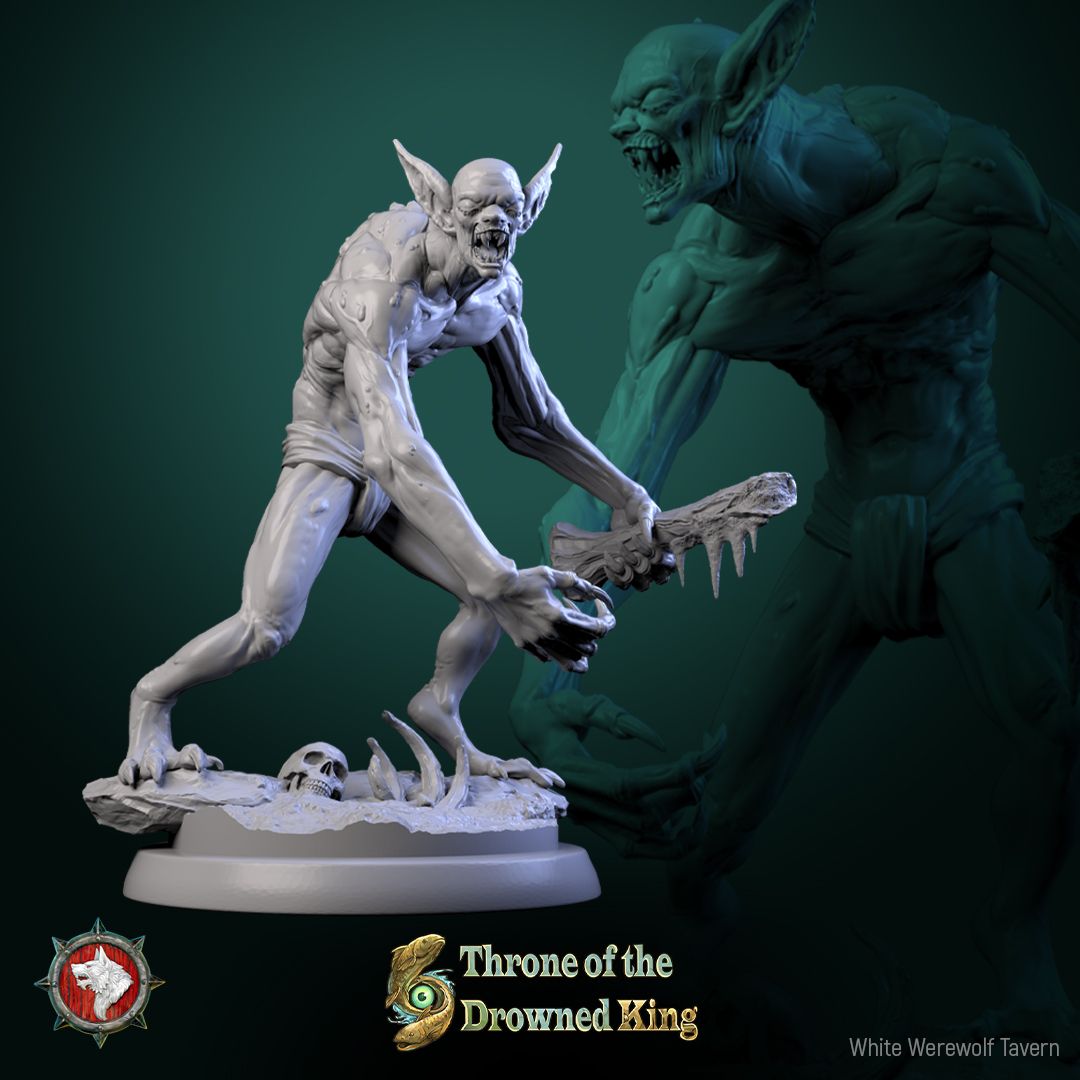 Render of The Drowned Lurkers | 32mm Swamp Ghoul Miniatures: Six pale drowned ghouls with bone shivs and driftwood clubs, from White Werewolf's Throne of the Drowned King. 32mm resin undead, single or set.