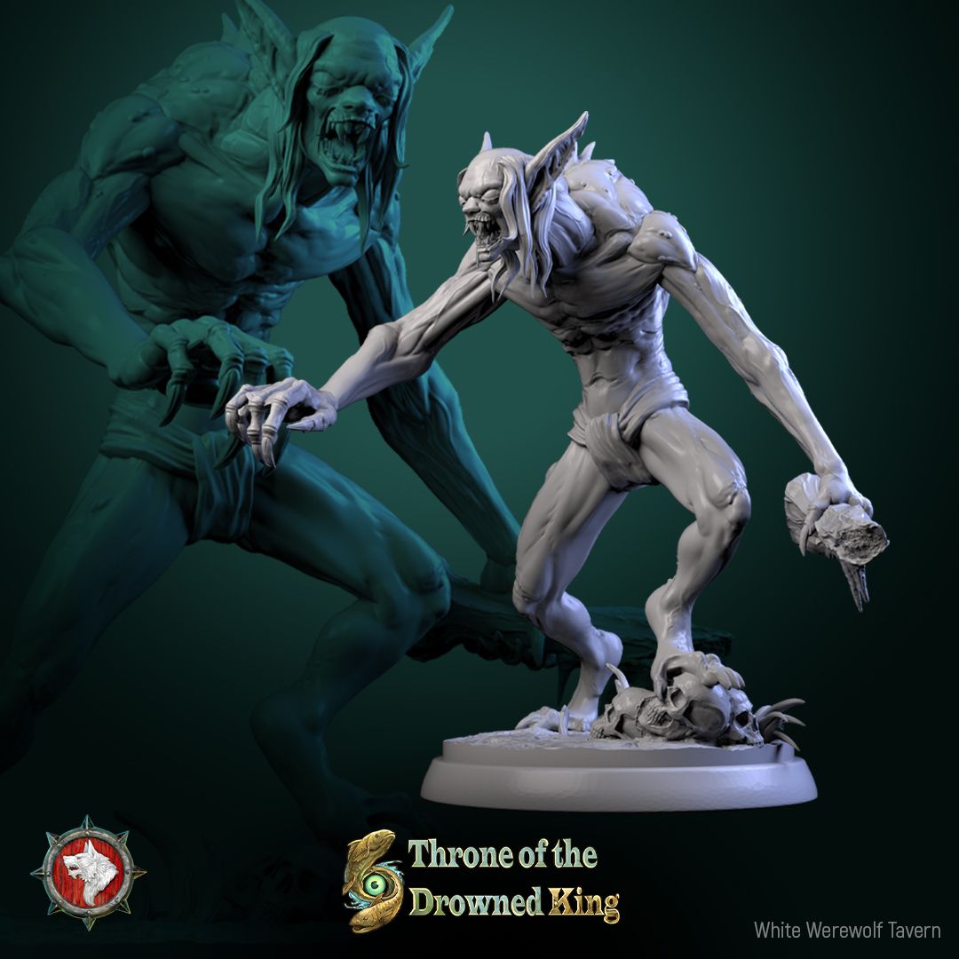 Render of The Drowned Lurkers | 32mm Swamp Ghoul Miniatures: Six pale drowned ghouls with bone shivs and driftwood clubs, from White Werewolf's Throne of the Drowned King. 32mm resin undead, single or set.