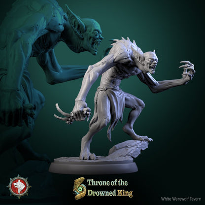 Render of The Drowned Lurkers | 32mm Swamp Ghoul Miniatures: Six pale drowned ghouls with bone shivs and driftwood clubs, from White Werewolf's Throne of the Drowned King. 32mm resin undead, single or set.