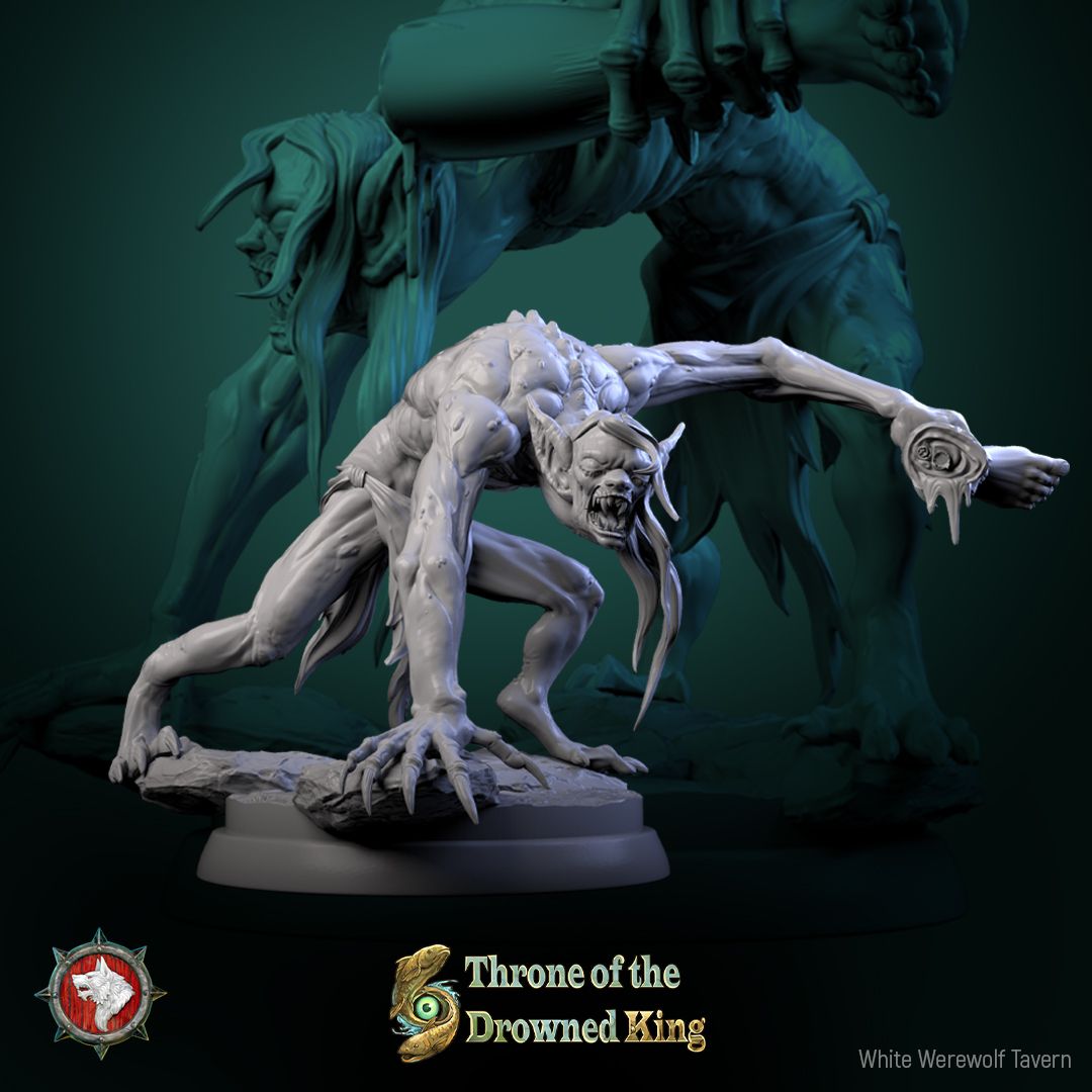 Render of The Drowned Lurkers | 32mm Swamp Ghoul Miniatures: Six pale drowned ghouls with bone shivs and driftwood clubs, from White Werewolf's Throne of the Drowned King. 32mm resin undead, single or set.