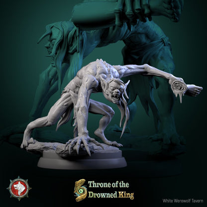 Render of The Drowned Lurkers | 32mm Swamp Ghoul Miniatures: Six pale drowned ghouls with bone shivs and driftwood clubs, from White Werewolf's Throne of the Drowned King. 32mm resin undead, single or set.