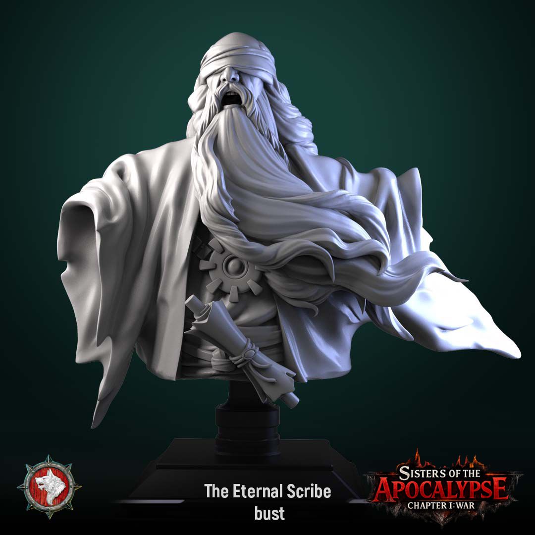 Render of The Eternal Scribe Bust | Dark Fantasy Mage Display Bust: A display bust of the Eternal Scribe from White Werewolf's Sisters of the Apocalypse, an ancient blindfolded sage. Dark-fantasy 3D printed resin display bust.