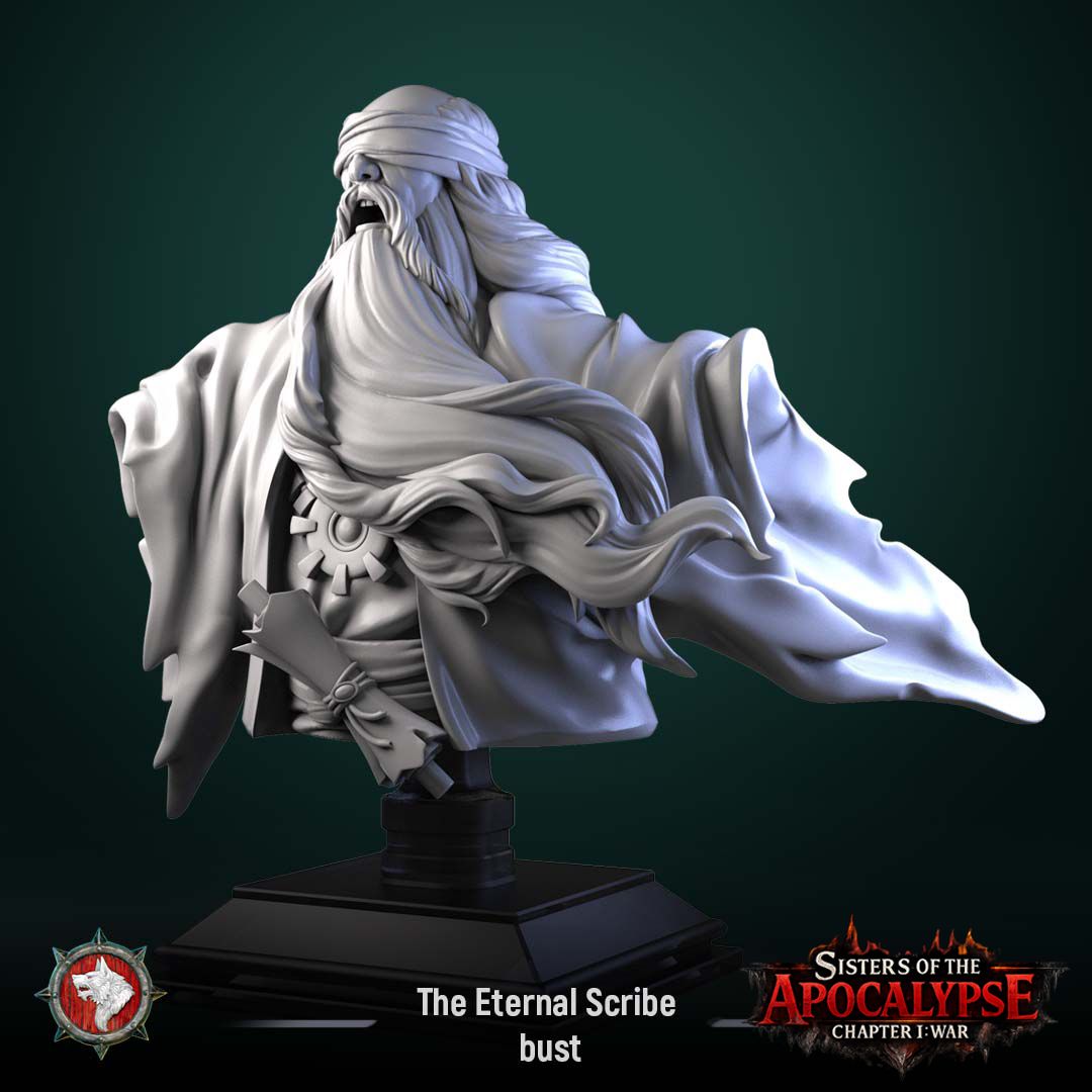 Render of The Eternal Scribe Bust | Dark Fantasy Mage Display Bust: A display bust of the Eternal Scribe from White Werewolf's Sisters of the Apocalypse, an ancient blindfolded sage. Dark-fantasy 3D printed resin display bust.