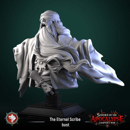 Render of The Eternal Scribe Bust | Dark Fantasy Mage Display Bust: A display bust of the Eternal Scribe from White Werewolf's Sisters of the Apocalypse, an ancient blindfolded sage. Dark-fantasy 3D printed resin display bust.