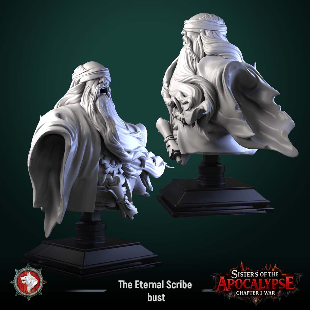 Render of The Eternal Scribe Bust | Dark Fantasy Mage Display Bust: A display bust of the Eternal Scribe from White Werewolf's Sisters of the Apocalypse, an ancient blindfolded sage. Dark-fantasy 3D printed resin display bust.