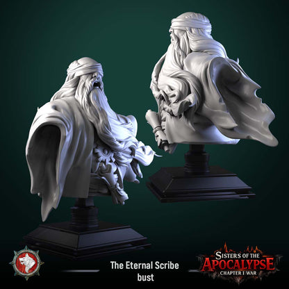 Render of The Eternal Scribe Bust | Dark Fantasy Mage Display Bust: A display bust of the Eternal Scribe from White Werewolf's Sisters of the Apocalypse, an ancient blindfolded sage. Dark-fantasy 3D printed resin display bust.
