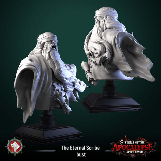 Render of The Eternal Scribe Bust | Dark Fantasy Mage Display Bust: A display bust of the Eternal Scribe from White Werewolf's Sisters of the Apocalypse, an ancient blindfolded sage. Dark-fantasy 3D printed resin display bust.